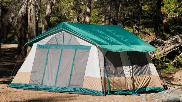 Cabin tent pitched in campsite