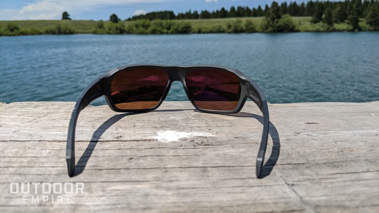 Rear view looking through smith deckboss sunglasses at lake