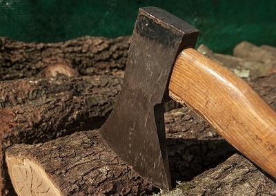 Splitting axe on wood