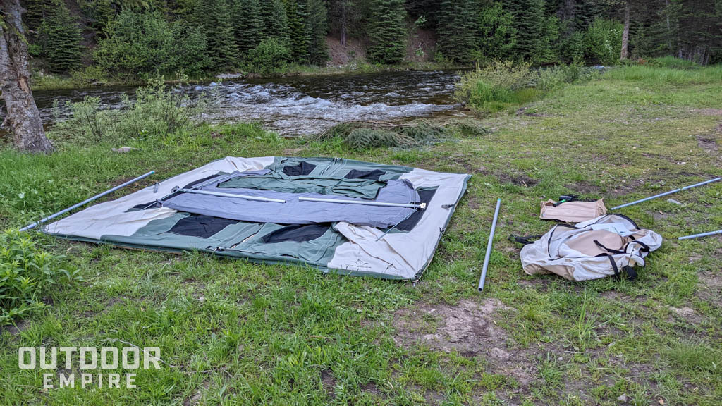 White duck prota tent laid out